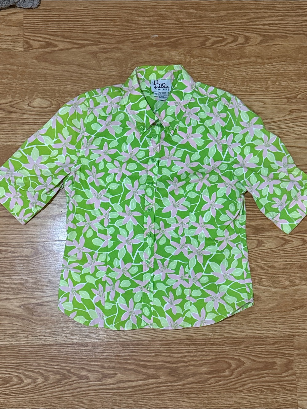 Lilly Pulitzer Vintage White Label Lime Green and Light Pink Floral Button Shirt